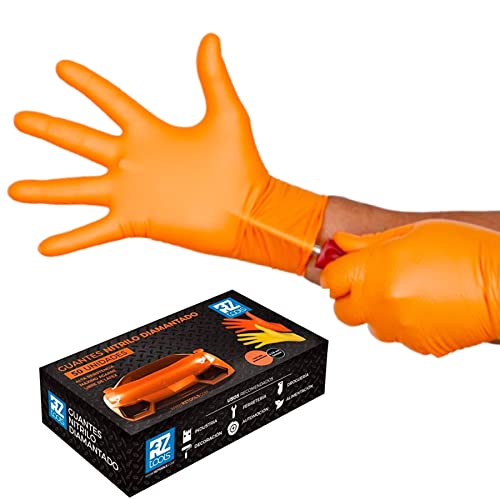 RZ TOOLS GUANTES de NITRILO DIAMANTADO naranjas - Los guantes de nitrilo MÁS RESISTENTES del mercado - SIN LÁTEX - REUTILIZABLES (Talla M Naranja Pack de 50)