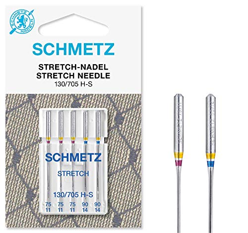 SCHMETZ - Agujas para máquinas de coser | 5 Agujas Stretch | 130/705 H-S | Grosor de aguja 75/11 (3x) y 90/14 (2x), surtidos | Indicadas para coser materiales elásticos