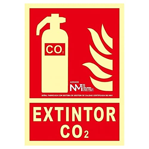 Señal extintor | Señal homologado extintor Co2 | Señal Luminiscente Extintor Co2 | PVC Clase B | Certificado NE 23033/1:2019 | 0,7 mm Grosor | 21 x 30 cm | Color Rojo | Luminiscente