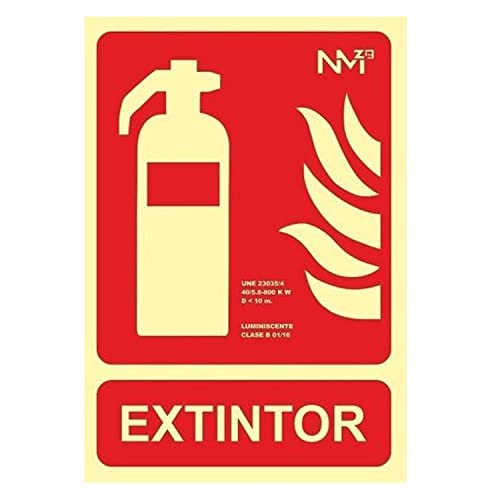 Señal extintor | Señal homologado extintor | Señal Luminiscente Extintor | PVC Clase B | Certificado NE 23033/1:2019 | 0,7 mm Grosor | 21 x 30 cm | Color Rojo | Luminiscente