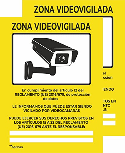 Señal Zona Videovigilada PACK 2 UNIDADES Cartel de PVC rígido 0,7mm 20 x 15cm Amarillo Tinta y Material Resistente Interiores y Exteriores. Señal homologada