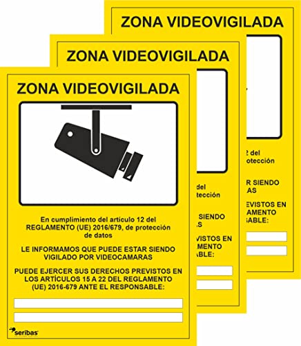 Seribas Señal Zona Videovigilada - 3 UNIDADES - Cartel de PVC glaspack 0,7mm A4 21 x 30cm Amarillo Tinta y Material Resistente Interiores y Exteriores (3)