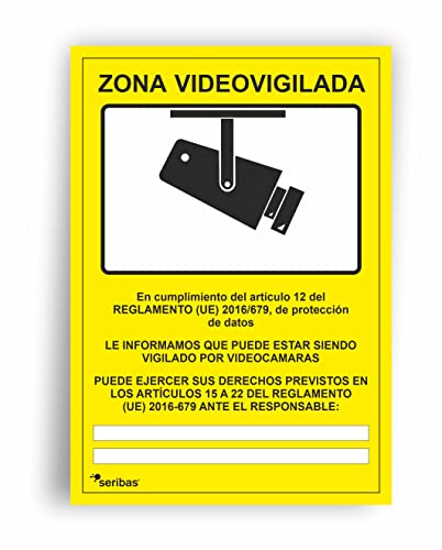 Seribas Señal Zona Videovigilada Cartel de PVC glaspack 0,7mm A4 21 x 30cm Amarillo Tinta y Material Resistente Interiores y Exteriores