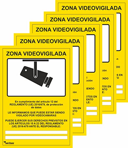 Seribas Señal Zona Videovigilada - PACK 5 UNIDADES - Cartel de PVC glaspack 0,7mm A4 21 x 30cm Amarillo Tinta y Material Resistente Interiores y Exteriores