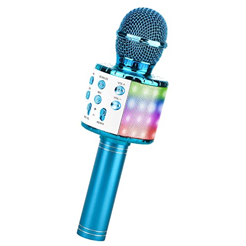 ShinePick Microfono Inalámbrico Karaoke, Micrófono Karaoke Bluetooth Portátil con Altavoz y LED para Niños Canta Partido Musica, Compatible con Android/iOS PC, AUX o Teléfono Inteligente (Azul)