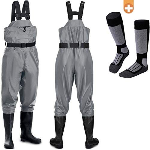 smartpeas Vadeadores Impermeables y Transpirables con Botas y Rodilleras de Neopreno Pantalones de Pesca/Pantalones de Estanque para Hombres 1 par de Calcetines térmicos