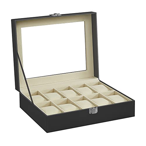 SONGMICS Caja de Relojes con 10 Compartimentos, Estuche de Relojes con Tapa de Cristal, Cojín Extraíble, Cierre Metálico, Idea de Regalo, Cuero Sintético Negro y Forro Beige JWB010