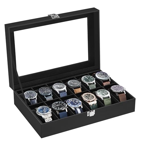 SONGMICS Caja de Relojes con 12 Compartimentos, Estuche de Relojes con Tapa de Cristal, Cojín Extraíble, Cierre Metálico, Idea de Regalo, Cuero Sintético Negro y Forro Negro JWB12B