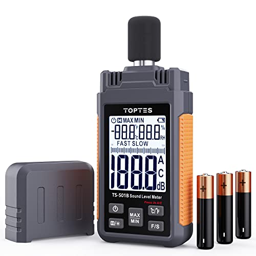 Sonometro, Medidor de decibelios TopTes TS-501B retroiluminación LCD de 2,25 pulgadas, ponderado para A/C, rango de 30 a 130 dB, valor máximo/mínimo, vecino ruidoso, fábrica - naranja