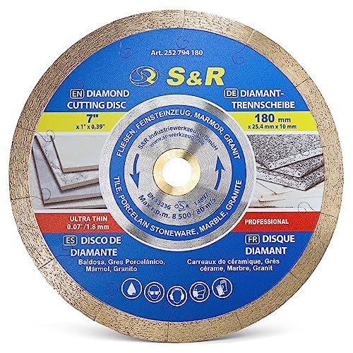 S&R Disco de corte de Diamante 180 x 25,4 x 7 mm (1,6 mm extra fino) para Azuleos Cerámica Baldosas Granito y mármol. Disco profesional ultrafino para amoladoras de tabla