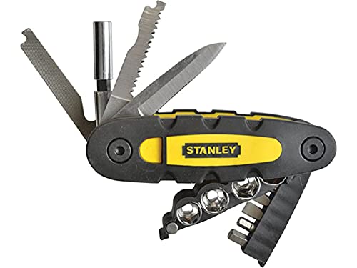 STANLEY STHT0-70695 - Cuchillo Multiusos 14 en 1 con porta-puntas, 1 hoja de cuchillo, Función de bloqueo, Mango bimaterial, Cuchillas de acero inoxidable, Amarillo/negro