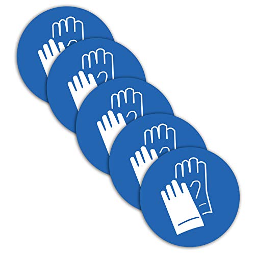 STROBO 5 pegatinas de Uso obligatorio de guantes de protección 9,5 cm de diámetro, señales de advertencia con protección UV para exteriores e interiores