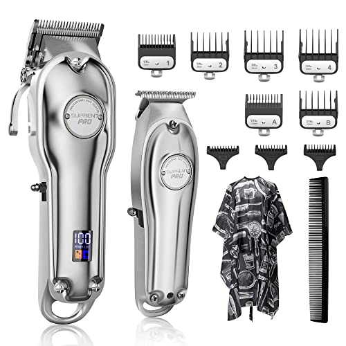 SUPRENT® Cortapelos Profesional para hombres, Recargable USB Maquina Cortar Pelo y combo de recortadora de cuchillas en T Zero Gap, Cortapelos inalámbrico Cortador barba de Pelo peluqueros kit (Plata）