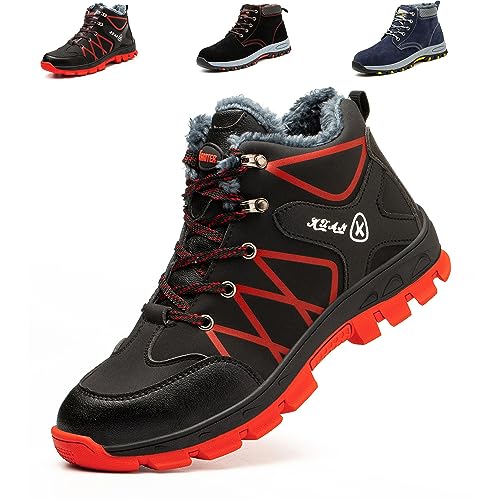 SVVSHE Botas de Seguridad para Hombre Mujer Invierno Zapatos de Seguridad Comodas Impermeable Zapatillas de Trabajo con Puntera de Acero Botas de Trabajo Zapatillas de Trekking, Rojo, 43 EU