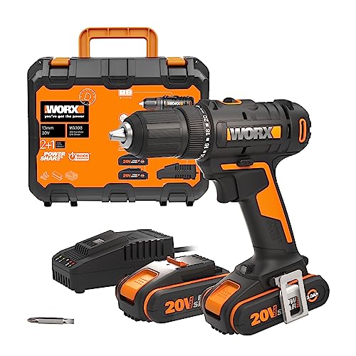 Taladro atornillador 20V Máx. Worx | PowerShare |WX108 ligero |2 baterías 2Ah, cargador y maletín | Portabrocas 13mm, 45Nm | Luz LED y punta de atornillar doble