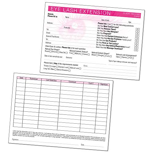 Tarjeta de registro de cliente de extensión de pestañas, formulario de consulta de tratamiento para terapeutas móviles y salones A5, paquete de 50 unidades
