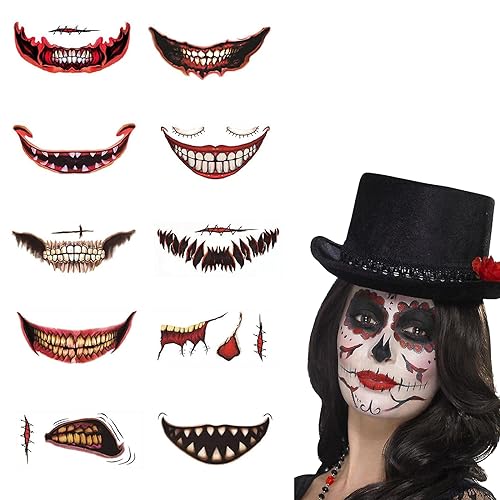 Tatuajes Halloween,Tatuajes Temporales Halloween,Tatuajes Halloween Cara,Pegatinas Tatuajes Halloween,Tatuaje Halloween Boca,Pegatinas Halloween Joker Horror Maquillaje Fiestas,10PCS