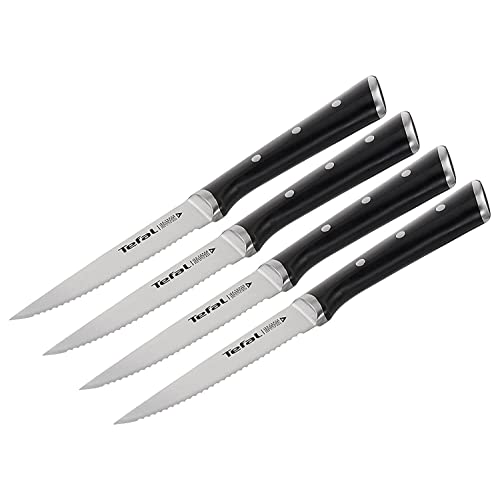 Tefal Ingenio Ice Set de 4 Cuchillos de Carne 11 cm, acero cepillado, cuchillo de una sola pieza, mango remachado, negro, cuchillo sierra