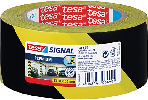 tesa SIGNAL Premium - Cinta de Señalización Multiusos - Cinta Adhesiva de Balizar para la Señalización Permanente de Zonas o Áreas de Peligro - Negro y Amarillo - 66 m x 50 mm