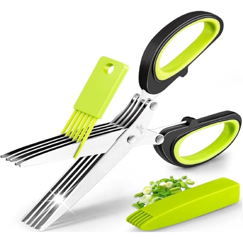 Tijeras Especias, Tijeras para Hierbas, Herb Scissors, Multifuncionales Cocina Tijeras Verduras con 5 Cuchillas Tijera Cocina para Cortar Hierbas para Hierbas Cebollino Verduras(Verde Negro)