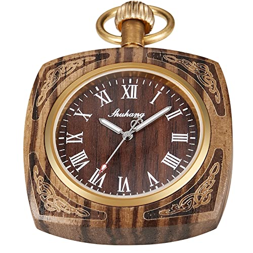 Tiong Reloj de bolsillo de madera con cadena de 37 cm, hecho a mano, esfera digital romana, reloj de bolsillo de madera de cuarzo para hombres y mujeres, Uk-pws-wood102