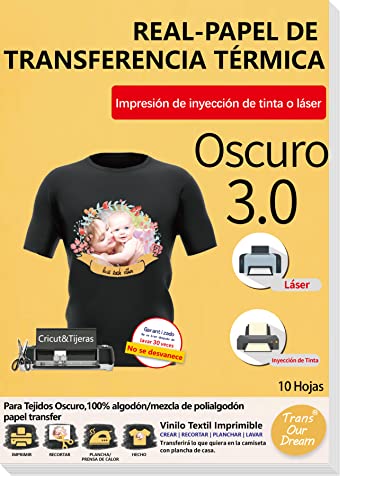 TransOurDream-Marca de confianza.Papel de Transferencia para tejido oscuro,Mejora 3.0,A4 10 Hojas Papel Transfer Para Impresora de Inyección de Tinta o Láser,Perfecto para fiesta. ES-3-3.0-10