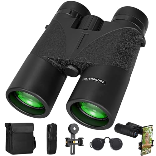 TYRSEN Prismaticos Profesionales Largo Alcance, 10X42 Prismáticos Prismas BAK4 y Lentes FMC, Antiniebla e Impermeables con Adaptador para Smartphone de Aves, Caza, Senderismo.