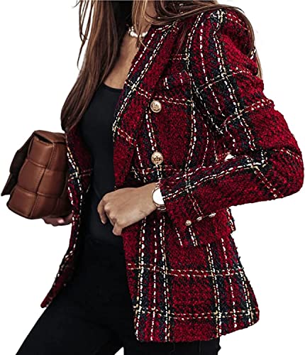 Vagbalena Blazer de Doble Botonadura para Mujer Chaqueta de Trabajo de Oficina Chaqueta Blazer Ropa de Trabajo de Oficina Chaqueta Casual Blazer Slim-fit Solapa de Cuadros (Vino Tinto,XL)