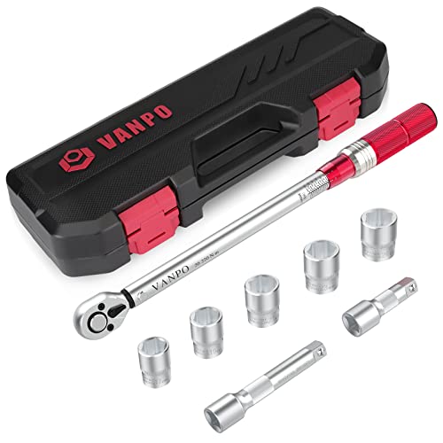 VANPO Llave Dinamométrica 1/2", 20-220 Nm, Alta Precisión de ±3%, Barra de Extensión de 12,5 cm y 7,5 cm, 5 Tomas (17 mm, 19 mm, 21 mm, 23 mm, 24 mm) para Coche, Camión, Moto