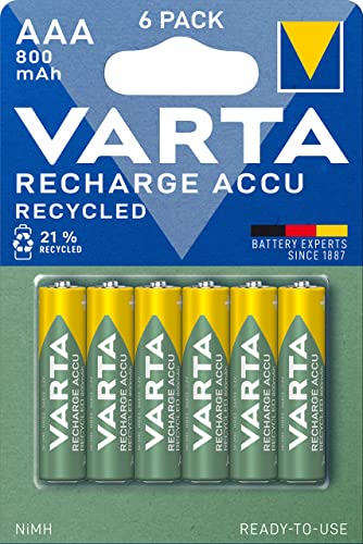 Varta Recharge Accu Recycled, Pilas de NiMh AAA Micro rechargable (paquete de 6 unidades, 800 mAh) hechas con un 11% de materiales reciclados - Recargables sin efecto de memoria