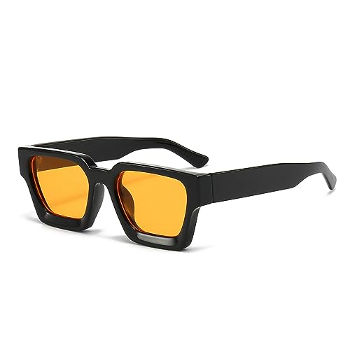 WDZAYXC Gafas de sol rectangulares vintage para mujeres y hombres, lentes de sol rectangulares gruesos, gafas retro con protección UV400, negro/amarillo