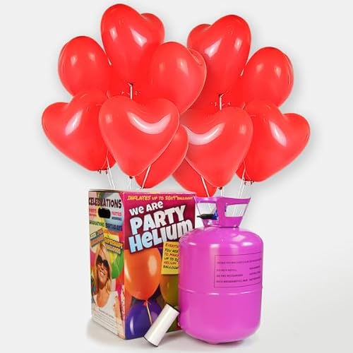 We Are Party Pack Romántico: bombona de Helio Maxi + 50 Globos de látex de Corazón Rojos 28cm Made in Spain