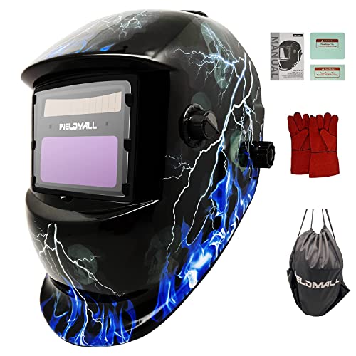 WELDMALL Careta Soldar Automática, Oscurecimiento Automaticamente Máscara de Soldadores Caretas para Soldar con 2 Sensores ARC TIG Mig Molienda y Guantes de Cuero para Soldadura WM-110