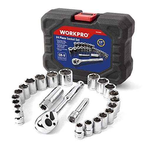 WORKPRO 24 Piezas- Juego de llaves de vaso con carraca de 3/8 ", Juego de Llaves de Vaso Cr-V, incluye Llave de Trinquete,Ideal para bricolaje, reparación de automóviles