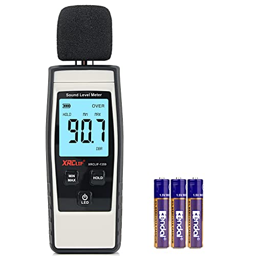 XRCLIF Medidor de Decibelios portátil, medidor de ruido digital, rango de 30 – 130 dB (A) db metros, medidor de nivel de ruido, comprobador de decibelios, gris (batería incluida)