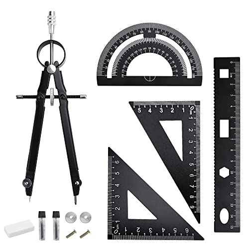 YAANBUNB Set de Geometría, 1 Compas de Dibujo + 2 Escuadra Triangular(45°y60°)+ 1 Reglas Escolares 15 cm + 1 Transportador de Angulos 180°+ 1 Borrador+ 1 Recargas de Lápiz para Escuela y Oficina