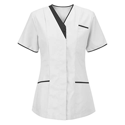 Yiiquanan Uniforme de Trabajo para Mujeres Manga Corta Color Sólido Respirable Túnica Tops con Bolsillos Apto para Limpiadores (Blanco | Estilo#1, L)