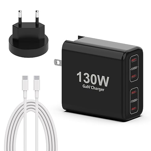 130W Cargador GAN USB C Puertos PD 65W/30W USB C Cargador Multiple rápido Universal con Cable de Carga Rápida de 2M Tipo C para MacBook iPad Pro HP Spectre DELL XPS Huawei iPhone Samsung etc C0061