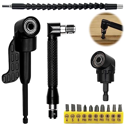 14 Piezas Vástago Hexagonal Extensión Set, 2 Adaptadores de Taladro de 105 Grados, 1 Extensor Flexible para Brocas, 1 Enchufes para Destornillador de L-forma, con 10 Screwdriver Bits