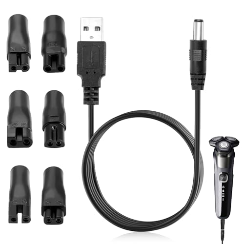 5 V Cargador Afeitadora, Cable Universal USB a DC, Kit de Adaptador Corriente con 6 Puntas Conector, Cable de Alimentación Repuesto para Una Variedad Afeitadoras/Purificadores/Lámparas de Mesa