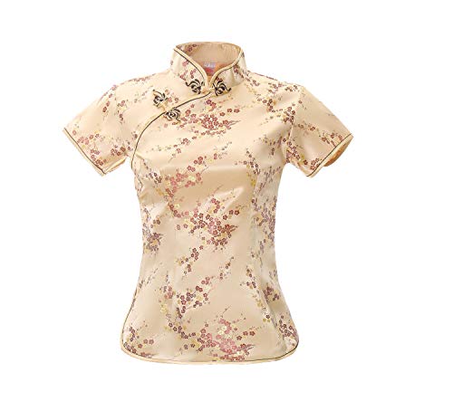 ACVIP Blusa china de manga corta con brocado de flores de ciruelo para mujer, dorado, 44