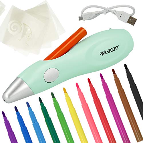 Aerógrafo eléctrico Westcott, Set de aerografía para niños con 12 rotuladores y 19 Plantillas para Pintar y Dibujar, con batería y Cable USB, Verde, E-16800 00