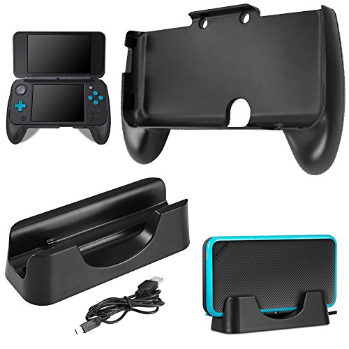 AFUNTA - Estación de Carga para Nintendo 2DS XL con Mango, Cargador con Mini Cable USB y Mango de plástico para Nintendo 2DS LL 2017 - Negro