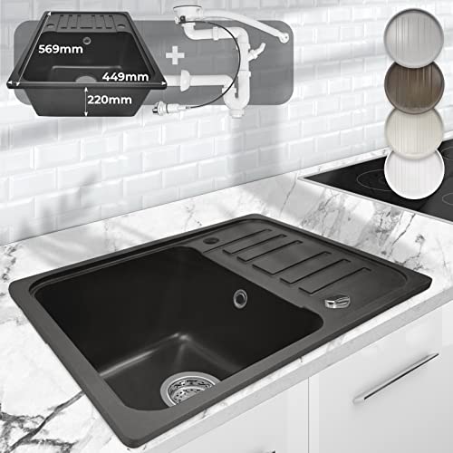 Aquamarin® Fregadero de Cocina - de Granito, con 1 Seno y Escurridor Reversible, Set de Desagüe, 57 x 45 cm, Integrado o Empotrado, Color a Elegir - Lavabo de Cocina (Negro)