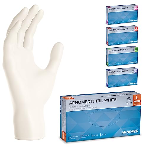 ARNOMED Guantes nitrilo talla L, guantes de nitrilo blancos, caja guantes nitrilo 100 unidades, guantes nitrilo desechables para mecanico, guantes de nitrilo sin polvo y látex en XS, S, M, L, XL