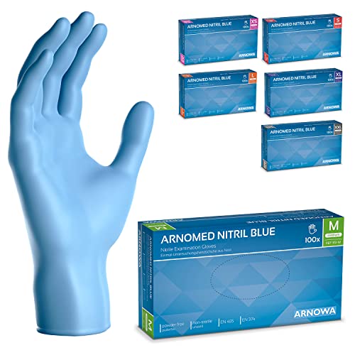 ARNOMED Guantes nitrilo talla M, guantes de nitrilo azules, caja guantes nitrilo 100 unidades, guantes nitrilo desechables para mecanico, guantes de nitrilo sin polvo en tallas XS, S, M, L, XL y XXL