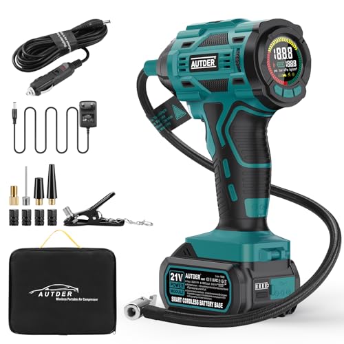 AUTDER Compresor Aire Portatil, 180PSI Inflador De Ruedas Automóvil con Batería 21V y DC 12V, Inflador Eléctrico Multiuso con Parada Automática para Coche, Bicicleta, Moto, Scooter y Pelota, Azul