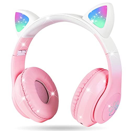 AXFEE Auriculares Inalámbricos para Niños, Auriculares con Orejas de Gato con Luz Led, Auriculares Plegables para Niños con Micrófono, para Móvil/Tableta Regalo de Cumpleaños/Navidad(Rosa Degradado)