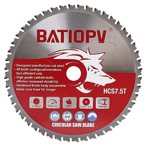 BATIOPV Hoja de sierra circular 190 mm x 20 mm x 48dientes para cortar acero, aluminio, madera, plástico - Compatible con Dewalt Makita