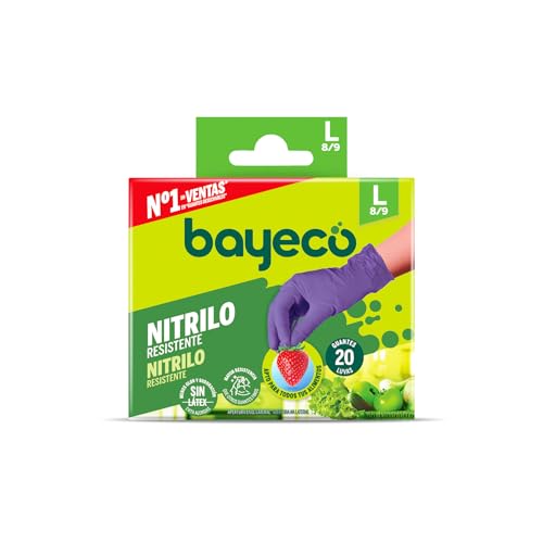 Bayeco - Guantes nitrilo de un solo uso - Color Morado - Ambidiestros - Sin Polvo ni latex - Dedos texturizados para mejor agarre - Pack dispensador de 20 unidades - Talla L